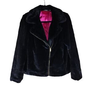Motto Faux Fur Jacket Women’s Small Black Hot Pink Lined Zip Up Party Clubwear